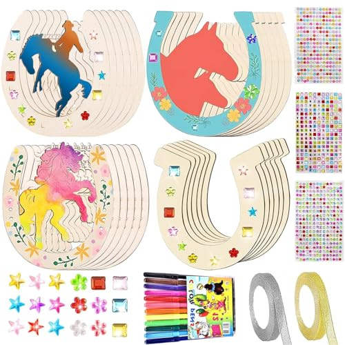 Hufeisen Holz, 24 Stück Kindergeburtstag Deko, Holzscheiben, Handwerk mit 12 Aquarellstift, 3 Paillettenaufklebern, 2 Glitzerband