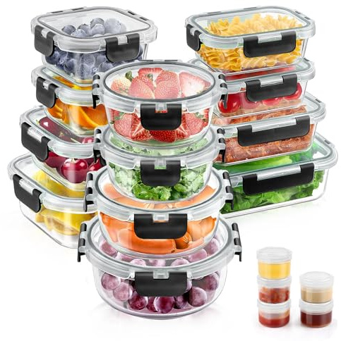 34pcs Glass Food Storage Containers with Lids Set, Airtight Glass Meal Prep Containers (17 Containers & 17 Lids), Leak Proof Lunch Container BPA-Free, Microwave, Oven, Freezer, Dishwasher Safe-Black