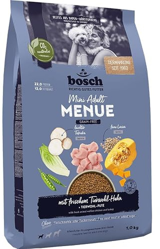 Bosch HPC MENUE Mini Adult mit Tierwohl-Huhn| Hundetrockenfutter für ausgewachsene Hunde Kleiner Rassen | 1 x 1 kg