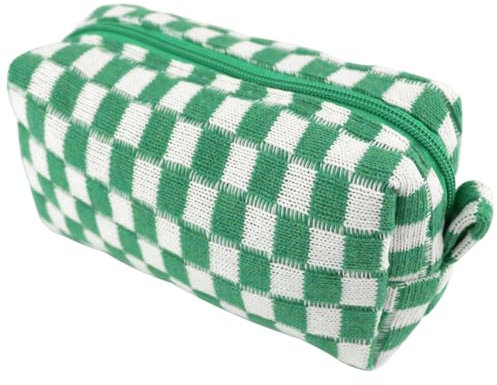 FERCAISH Karierte Make Up Tasche, Tragbare Reise Kosmetiktasche, Grün Reise-Kulturbeutel, Make-Up Pinsel Aufbewahrungstasche mit Reißverschluss für Frauen Mädchen
