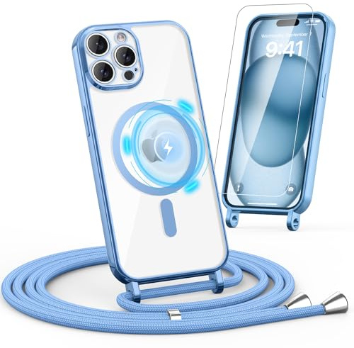 Noyabox HandyKette für iPhone 12 Pro Max Hülle mit Band, 1* Schutzfolie Magnetische Handyhülle für iPhone 12 Pro Max Necklace Schnur Schutzhülle mit Kordel zum Umhängen Case, Blau