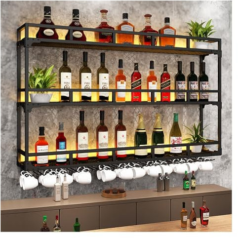 Portabottiglie Da Parete, Porta Bottiglie Di Vino Da Parete Con Ripiano Espositivo, Metallo Porta Vino Con Luce LED, Vetrinetta Pensile Da Parete, Per Casa, Bar, Sala Da Pranzo, Cucina(Color:Black,Siz