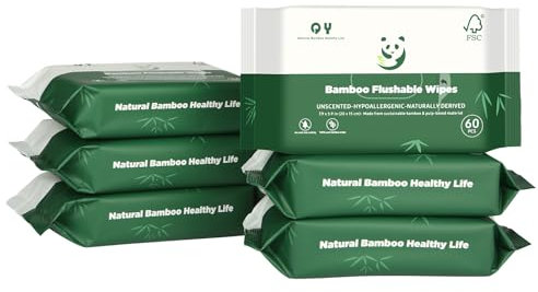 Bamboo Flushable Toilet Wipes Septic Safe,Soft Eco Friendly Unbleached XL Personal Aloe Vera Wet Wipes for Women/kids/Adults 360Count 6Packs/360Sheets Biodegradable for Sensitive Skin