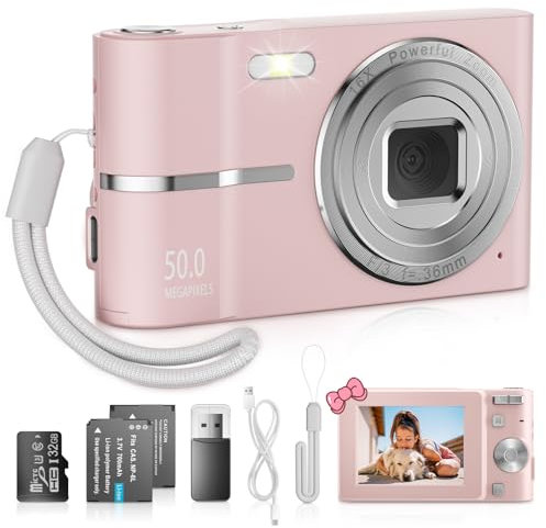 Hlieeosfcn Digital Camera 1080P 50MP,4K Compact Cam-era with 32GB Card,1400mAh Battery, 16X Digital Zoom Small Cam-era with 2.4 LCD Screen,Auto Focus Timed Vlogging Camera (Pink)