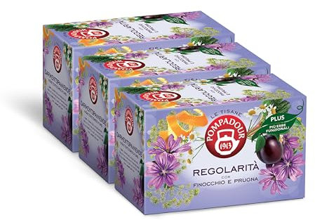 Pompadour, Tisana Regolarità Plus con Finocchio e Prugna, 54 Filtri (3 Confezioni da 18 Filtri), Ideale per Regolare il Transito Intestinale, Senza Lattosio, Glutine e Allergeni, Vegan