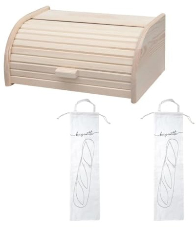 Fackelmann 9926750 Set de 3 ustensiles pour le pain avec Huche à pain et 2 Sacs de conservation pour le pain, Boite à pain, Sac en coton pour baguette, Coton, Blanc, Bois de pin, 40 x 28 cm | Rangement gain de place, Huche bois 40 x 28 x 18 cm, Sacs coton 63 8 x 17,8 cm, Pain et baguette, Set 3 pièces, Boite à pain