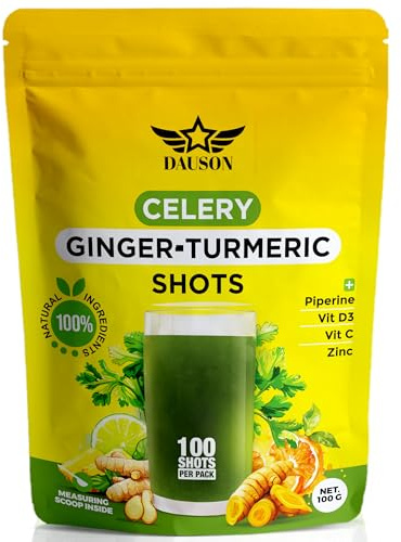 Celery Ginger Turmeric Shots Powder with Vitamin C, D3 & Zinc – Daily Detox & Immune Support Blend with Piperine & Prebiotics – 100 Shots