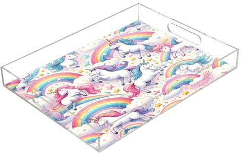 Playful Unicorns Frolicking Among Colorful Rainbows and Twinkling Stars Acrylic Serving Trays, Clear Rectangular Tray with Handles Serving Platter for Coffee Table Kitchen Bathroom