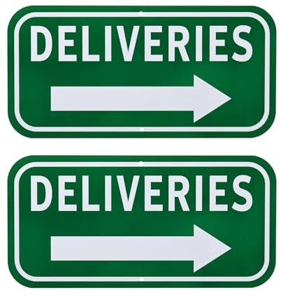 M METERXITY 2-Pack Deliveries Sign with Right Arrow, 12 x 6 Rust Free Aluminum Front Door Sign Deliveries Instructions for Package for Home/Office [White on Green]