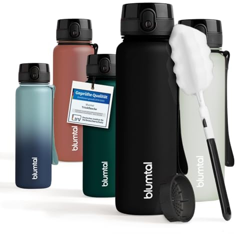Blumtal Trinkflasche 0,5L - auslaufsichere Trinkflasche Sport + 1-Klick-Verschluss - BPA-freie Wasserflasche + Sieb - Sport Trinkflasche spülmaschinenfest - Sportflasche 500 ml - Trinkflaschen Schwarz