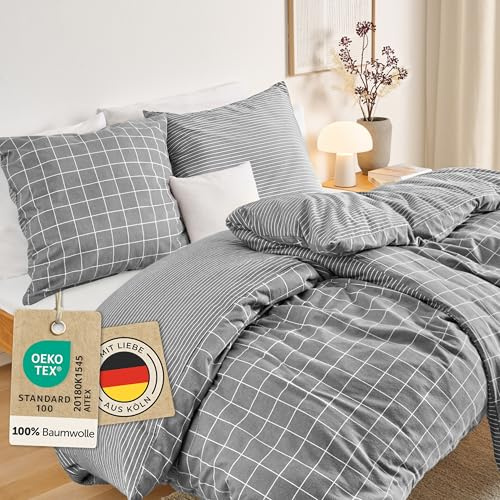 Blumtal Biber Bettwäsche 155x220cm + 2X 80x80cm Baumwolle 3teilig - Flanell Bettwäsche Baumwolle Oeko-TEX zert. & Ultra weich - 60 °C waschbare Flanell Winterbettwäsche mit Wendedesign - Hellgrau