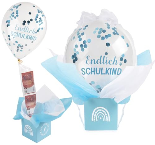 BETESSIN Geldgeschenke Einschulung Junge Blau - Endlich Schulkind - DIY Überraschungsbox mit Luftballons - Geldgeschenke Verpackung zur Einschulung - Geschenkbox zum Schulanfang