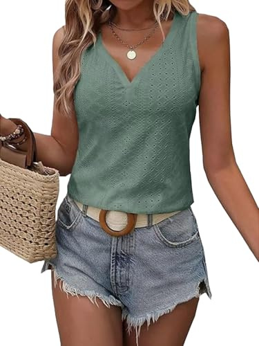 Qskall Womens Eyelet Embroidery Tank Tops Loose Fit Sleeveless V Neck Tee Casual Summer Cami T Shirts Green