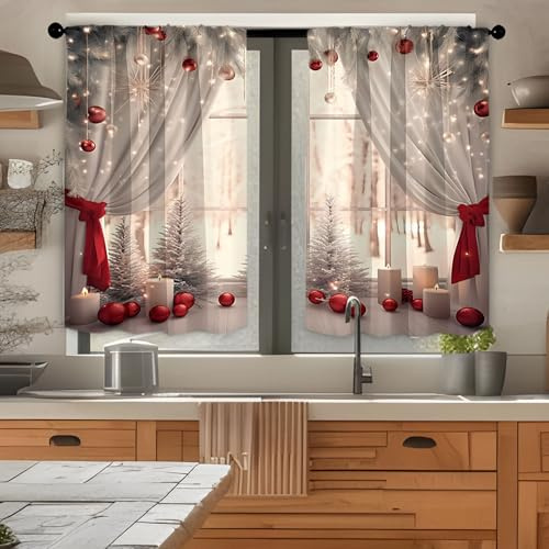 Highdi Lot de 2 Rideaux Cuisine, Impression 3D Courts Rideau Cuisine Rideau sous Evier, Petites Fenêtres Voilage Fenetre avec Sac à Tringle pour Bistrot Salon (Nuit de Noël,W80xL100cm)