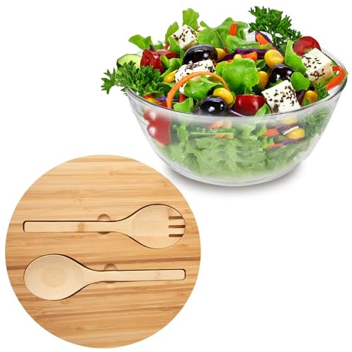Ghshanog Salad Bowl with Servers Set,135 oz Glass Mixing Bowls with Bamboo Lid,Versatile Food Serving Container Set Include Spoon and Fork for Fruits,Salads and Decoration