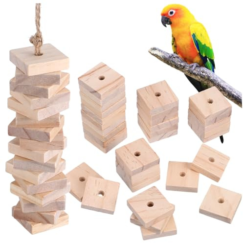 POPETPOP 100pcs Natural Color Parrot Chewing Blocks with Hanging DIY Craft Wood Chips for Bird Cage Beak Trimming and Mental Stimulation for Parakeet and Parrot Training
