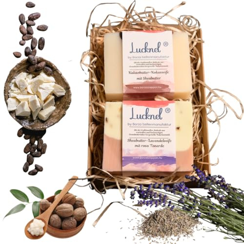 Lucknel® Naturseife Geschenkset 2er Set – Kokos & Kakaobutter mit Sheabutter + Lavendel & Rosa Tonerde – handgemacht, Familienmanufaktur mit 14 Jahren Seifen-Erfahrung
