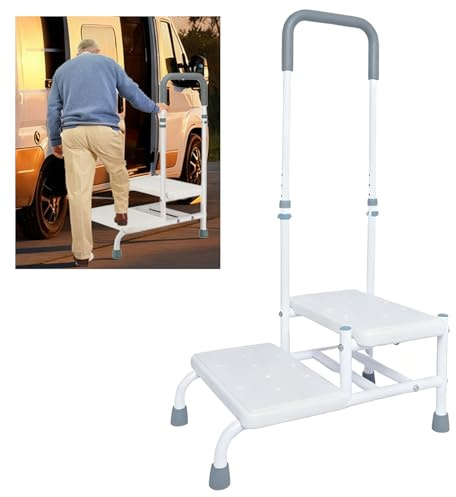 Step Stool with Handle for Seniors, 2 Levels, Adjustable Non-Slip Step Stool, Step Ladder, Load Capacity up to 135 kg, Safety Step for Seniors & Disabled & Children, Bathtub, Bed & Car