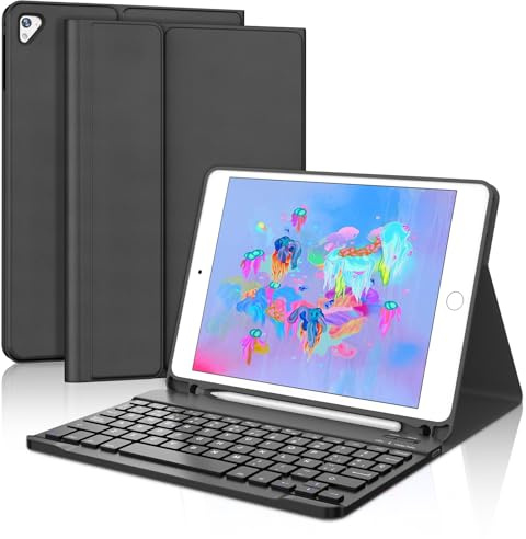 IVEOPPE Funda Teclado para iPad 6 Generación 2018 9.7, Capa Teclado QWERTY Español Ñ Bluetooth Magnética Wireless para iPad 6a/5a Gen/Pro 9.7/Air 2/ Air 1, Negro