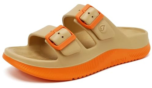 ONCAI Womens Recovery Sandals 2026 with Arch Support Plantar Fasciitis Orthotic Adjustable Buckle Open Toe Thick Cushion Outdoor Sport Slides Athletic Comfort Rubber Soles Beige/Orange Size UK 6.5