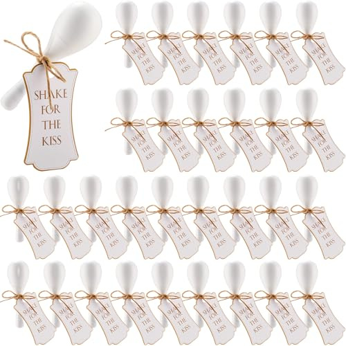 Sonwyoung 32 Pcs Mini Wooden Maracas for Wedding Wooden Maracas Bulk with Tags Musical Instrument for Wedding Party Favor,Pure White