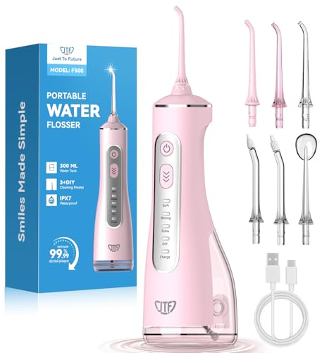 JTF Jet Dentaire Hydropulseur Oral - 300 ML Sans Fil Irrigateur, 3+1 Modes, Étanche IPX7 Water Flosser, Idéal pour Orthodontie, Appareil Dentaire, Gencives Sensibles Maison et Les Voyages(Rose)