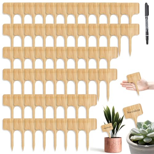 60 Stück Pflanzenschilder aus Bambus inkl. Marker – Wetterfeste Pflanzenstecker 10x6 cm zum Beschriften, T-Form Gartenetiketten für Kräuter, Gemüse & Blumen, Nachhaltige Beet-Deko, Geschenk zu Ostern
