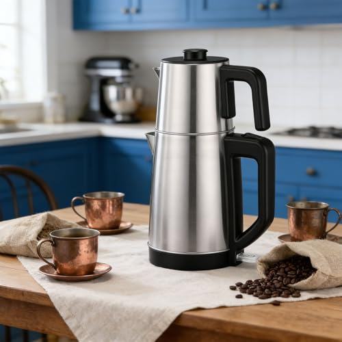 Generic Türkische Teezubereitungsmaschine, 220 V, Hält Warm, Robuste Konstruktion, Einfache Reinigung, Doppeltopf aus Edelstahl, Wasserkocher mit Teesieb, Schnelles Heizrohr,