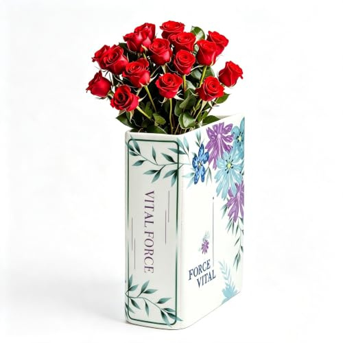 IBEQUEM Keramik-Vase in Buchform, Lila Blüten | Bücher Vase Dekoration für Bücherregale und Tischplatten, Blumenvasen für Zuhause und Büro