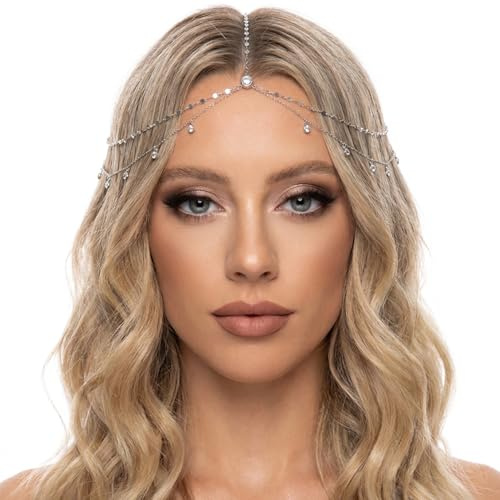 IGXX Silber Kopfschmuck Damen Haarkette mit Kristall-Anhänger, Boho Stirnband für Braut, Hochzeit, Festival und Party-Fotoshooting