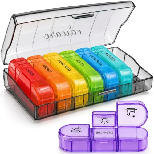 Edicare, Pastillero Semanal 3 Tomas, Días de la Semana en Francés, Organizador de Pastillas, Caja de Medicamentos Portátil (Francés, 3 Tomas)