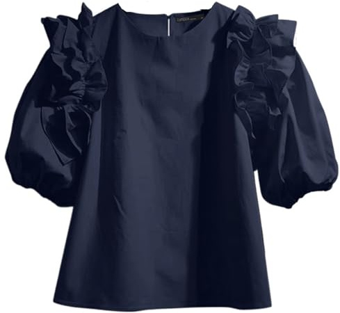 volangblus för kvinnor damer sommar blus puff kortärmade toppar vintage volanger lapptäcke tunika ledig lös rund hals för justering
