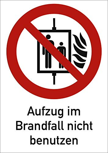 Aufkleber Aufzug im Brandfall nicht benutzen Symbol gm. ASR A1.3/ BGV A8, Folie selbstklebend 18,5 x 13,1cm (Kombischild, Verbotsschild, Fahrstuhl) praxisbewährt, wetterfest
