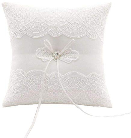 XYJIE Marfil Satén y perla Anillo de boda Portador Almohada Cojín Bordar encaje de flores con arco, 20 cm x 20 cm Portador de anillo para boda de playa