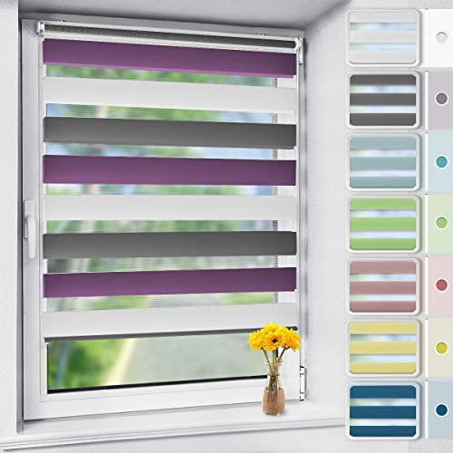 Vkele Doppelrollo Klemmfix ohne Bohren, 90x120cm(BxH) Weiß -anthrazit-aubergine, Duo Rollo Zebrarollo Fensterrollo für Fenster und Tür, Lichtdurchlässig Verdunkelnd