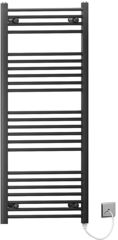 Myhomeware 600mm Wide Black Flat Electric Pre-Filled Heated Towel Rail Radiator For Bathroom Designer UK (Alyssa 600 / 1200mm Electric Black)