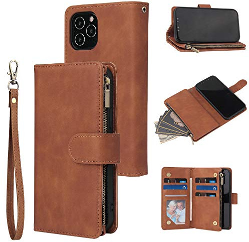 QLTYPRI Case for iPhone 13 Pro Max, Large Capacity Leather Wallet Case 6 Card Holder & 1 Zipper Pocket Kickstand Wrist Strap Magnetic Shockproof Phone Cover for iPhone 13 Pro Max - Brown