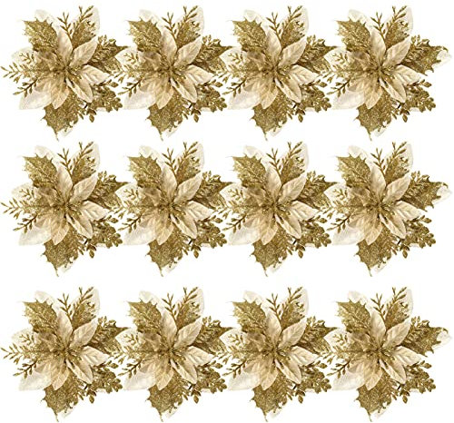 TOYANDONA 12stücke Glitzer Weihnachtsblumen Poinsettia Mit Clips Und Stielen Künstliche Weihnachtsdeko Für Baum Kranz Und Festlichkeiten Für Weihnachten Neujahr Hochzeiten Und Feiern