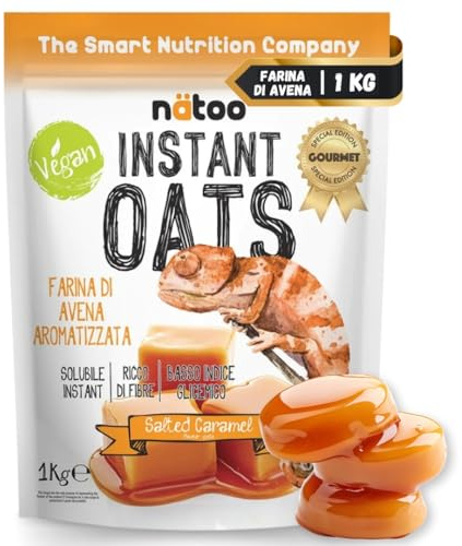 NÄTOO Farina di Avena Aromatizzata 1 Kg Instant Oats Farina Di Avena Istantanea Ideale come Preparato Per Pancake Proteici Porridge Oatmeal e Crepes Gusto Salted Caramel