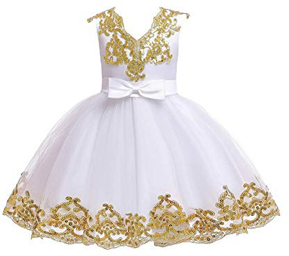 IWEMEK Bébé Enfant Fille Princesse Robe Paillettes Bowknot Amovible Mariage Demoiselle d'honneur Fleur Robe Tulle Tutu Fête Anniversaire Baptême Communion Cérémonie Pageant au Genou Blanc 6-12 Mois