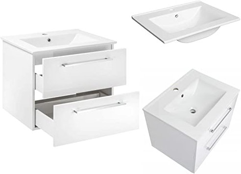 VBChome Badmöbel Weiß 60 cm Waschbecken mit Unterschrank Sanftes Schließsystem Waschbecken aus Keramik Zwei Schubladen Hochglanz Lackierung Soft Close