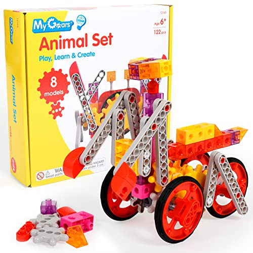 edxeducation Zahnrad Tier-Set - 122 Teile - 8+ Aktivitäten - Zahnrad Spielzeug für Kinder - Bauen Sie rotierende, bewegliche Modelle - Bauspielzeug für Kinder von 4-8 Jahren | Zahnrad Spielzeug für Kinder, Baue rotierende, bewegliche Modelle, Bauspielzeug für Kinder
