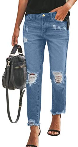 Sidefeel Women's Classic Boyfriend Jeans Zimbaplatinum Stretchy Ripped Distressed Denim Pants Size 14 Blue