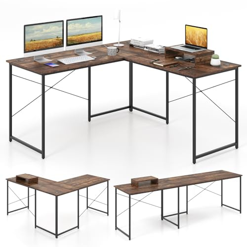 COSTWAY L-Shaped Computer Desk, 240cm Reversible Double Study Writing Workstation for 2 Person, Large Long Corner Home Office Desk Wooden PC Laptop Gaming Table with Monitor Stand (Rustic Brown)