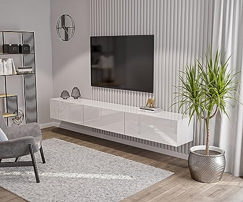HAJDUK FURNITURE 270 cm Weiß-Hochglanz TV Lowboard TV Board Hängend Hängeschrank Wohnwand TV Möbel Fernsehschrank Fernsehtisch Sideboard HiFi 270x35x40 cm Holzwerkstoff