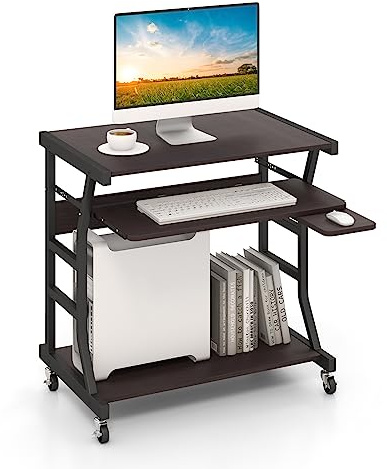 COSTWAY Computertisch mit Rollen, mobiler Schreibtisch mit ausziehbarer Tastaturablage, Mausablage und unterer Ablagefläche, PC-Tisch Laptoptisch für kleine Räume, 75 x 50 x 75 cm, Dunkelbraun
