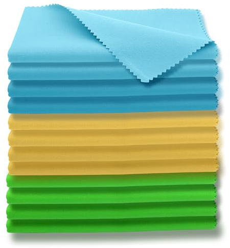 AAwipes Microfiber Plush Polishing Cloths for Musical Instruments (12X12, 12 Packs, No Logo, Blue, Yellow, Green) Premium Cleaning Cloths for Piano, Guitar, Trumpet, Saxophone, Laptop