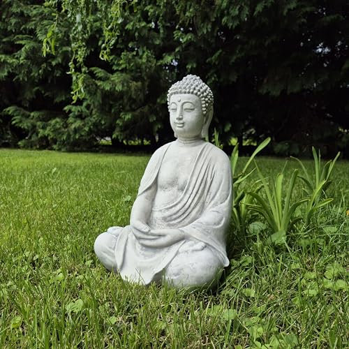 FABRIQ Statua decorativa da giardino in pietra artificiale, grande Buddha meditante, grigio, pietra artificiale, resistente al gelo, calma, massiccia, L: 20 cm, W: 24,5 cm, H: 38