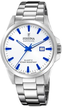 Festina Swiss Made Herrenuhr Analog aus Edelstahl 316l Silberfarben | Quarzwerk, Kalender, Widerstandsfähiges Saphirglas, Wasserdicht 10 ATM F20024/5 Classic Steel