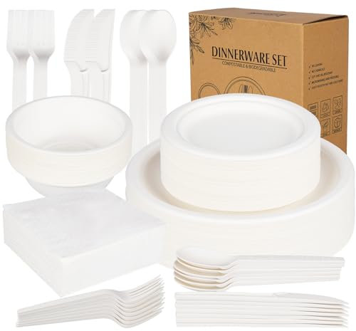 ilauke Set di 170 stoviglie in carta usa e getta, compostabili, ecologiche, usa e getta, per feste e picnic, con piatti, cucchiai, forchette, coltelli, tovaglioli, ciotole